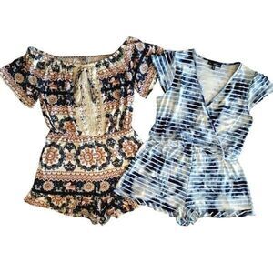 🟣 2 Short Sleeve Romper Shorts Sets Crochet Elephant Off Shoulder Size Med